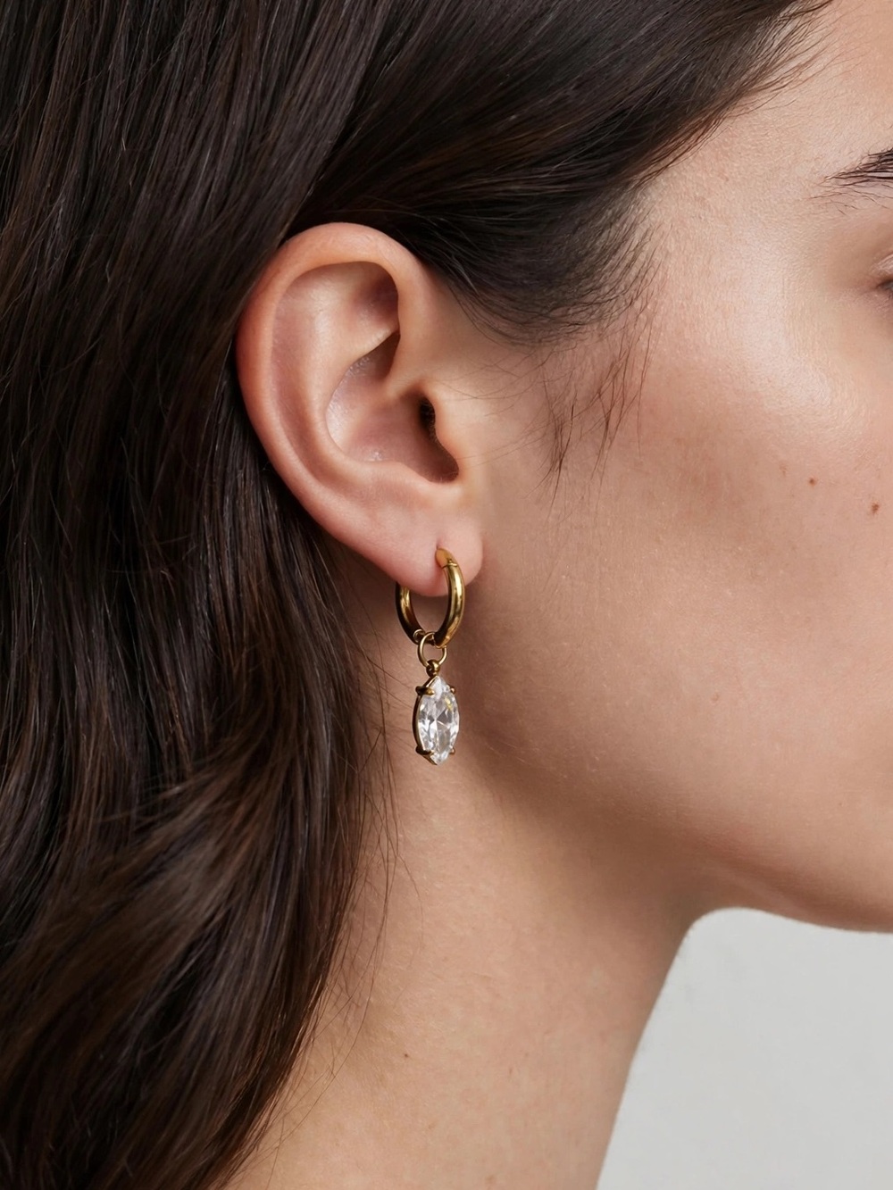 Gold Huggie Hoop Earrings with Crystal Drop 2.5cm | Prong Set Marquise Dangle